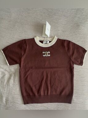 Celine Brown Short-Sleeve Tee with Cream Trim. Brand new with tags